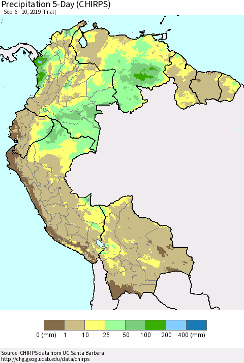 Northern South America Precipitation 5-Day (CHIRPS) Thematic Map For 9/6/2019 - 9/10/2019