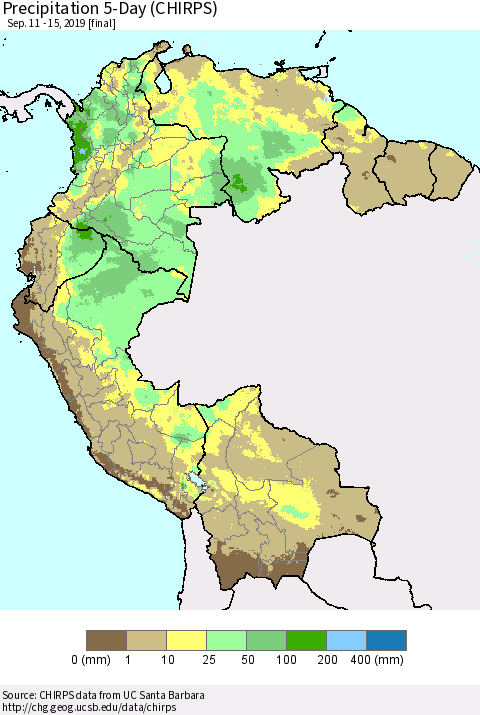 Northern South America Precipitation 5-Day (CHIRPS) Thematic Map For 9/11/2019 - 9/15/2019