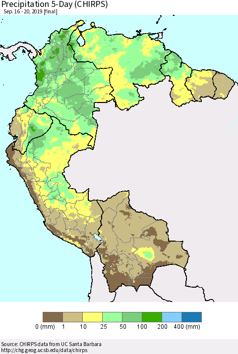 Northern South America Precipitation 5-Day (CHIRPS) Thematic Map For 9/16/2019 - 9/20/2019