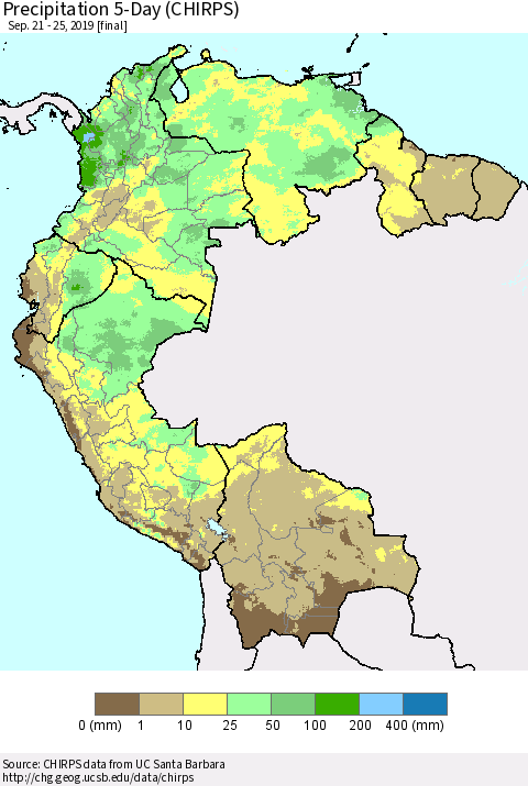 Northern South America Precipitation 5-Day (CHIRPS) Thematic Map For 9/21/2019 - 9/25/2019