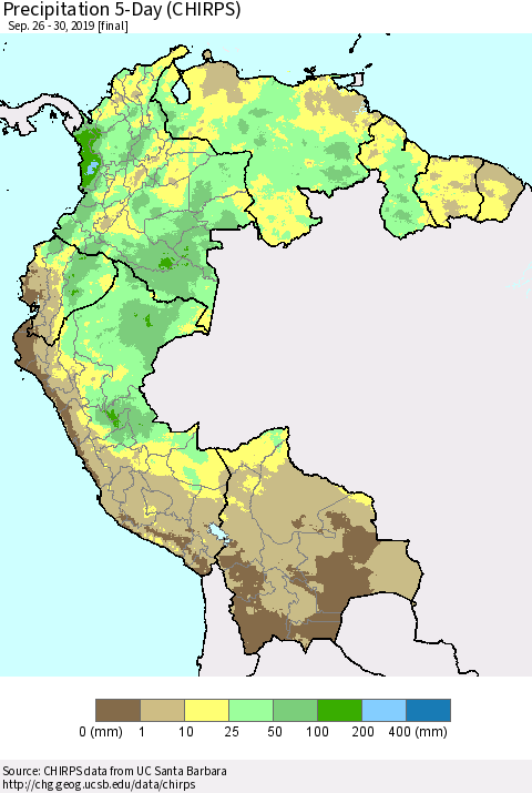 Northern South America Precipitation 5-Day (CHIRPS) Thematic Map For 9/26/2019 - 9/30/2019