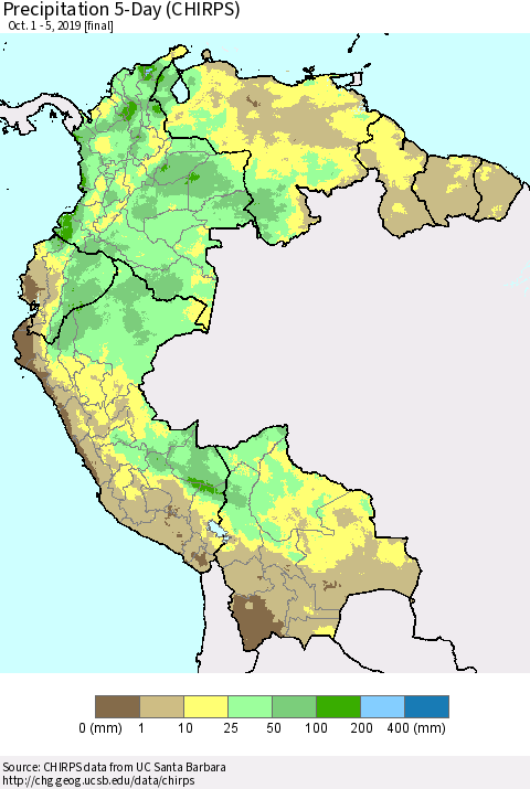 Northern South America Precipitation 5-Day (CHIRPS) Thematic Map For 10/1/2019 - 10/5/2019