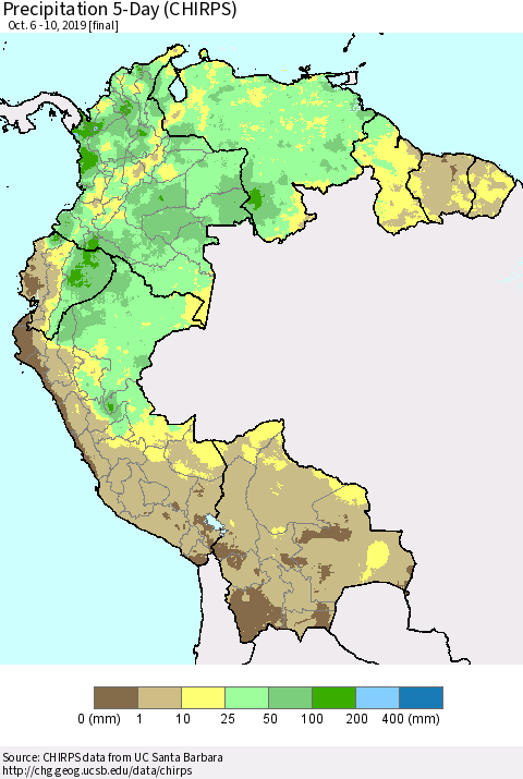 Northern South America Precipitation 5-Day (CHIRPS) Thematic Map For 10/6/2019 - 10/10/2019