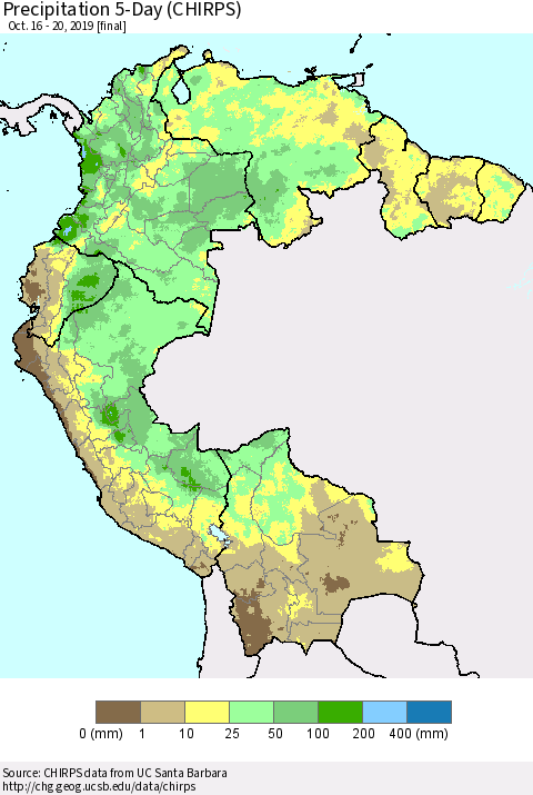 Northern South America Precipitation 5-Day (CHIRPS) Thematic Map For 10/16/2019 - 10/20/2019