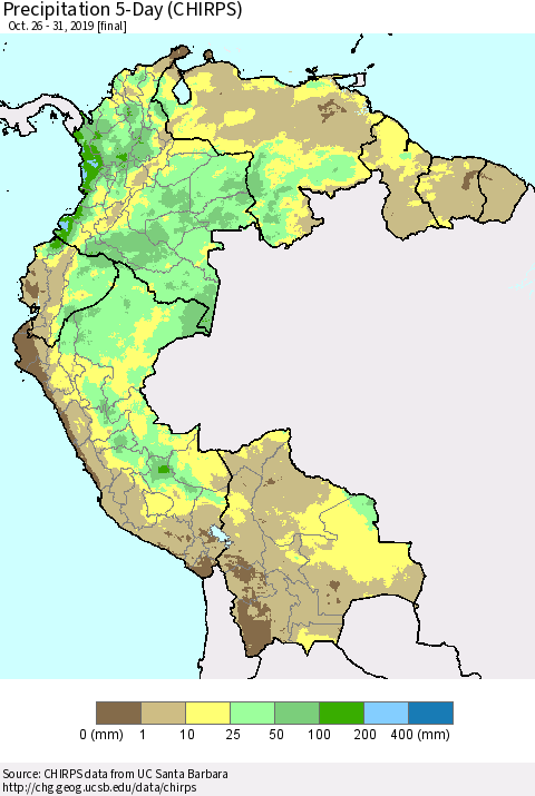 Northern South America Precipitation 5-Day (CHIRPS) Thematic Map For 10/26/2019 - 10/31/2019