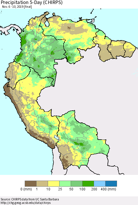 Northern South America Precipitation 5-Day (CHIRPS) Thematic Map For 11/6/2019 - 11/10/2019