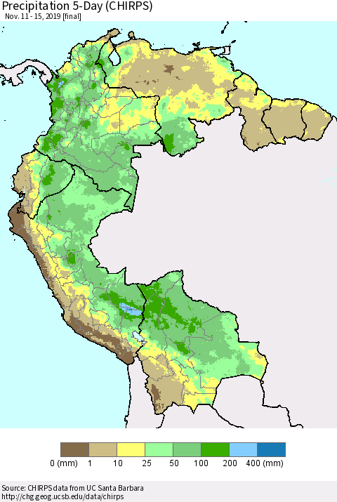 Northern South America Precipitation 5-Day (CHIRPS) Thematic Map For 11/11/2019 - 11/15/2019