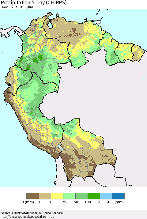 Northern South America Precipitation 5-Day (CHIRPS) Thematic Map For 11/16/2019 - 11/20/2019