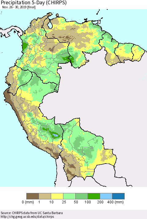 Northern South America Precipitation 5-Day (CHIRPS) Thematic Map For 11/26/2019 - 11/30/2019