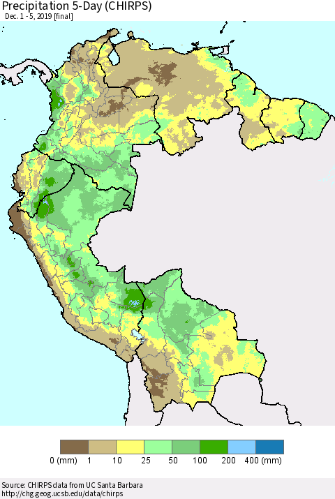 Northern South America Precipitation 5-Day (CHIRPS) Thematic Map For 12/1/2019 - 12/5/2019
