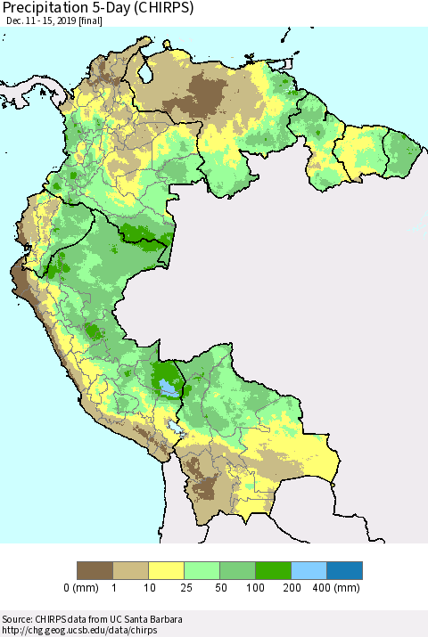 Northern South America Precipitation 5-Day (CHIRPS) Thematic Map For 12/11/2019 - 12/15/2019