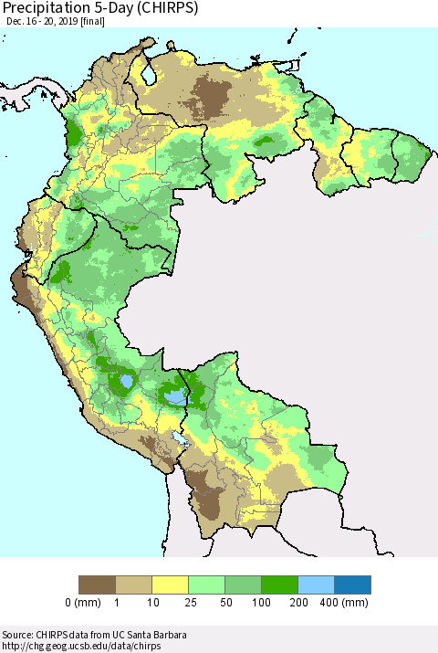 Northern South America Precipitation 5-Day (CHIRPS) Thematic Map For 12/16/2019 - 12/20/2019