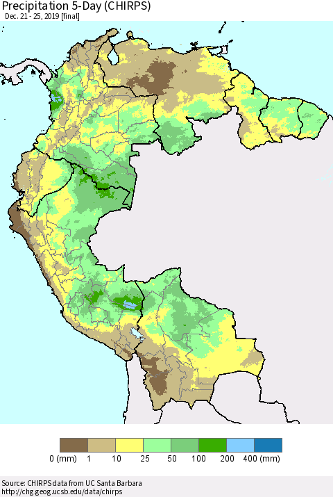 Northern South America Precipitation 5-Day (CHIRPS) Thematic Map For 12/21/2019 - 12/25/2019