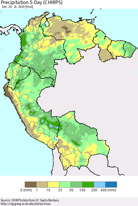 Northern South America Precipitation 5-Day (CHIRPS) Thematic Map For 12/26/2019 - 12/31/2019