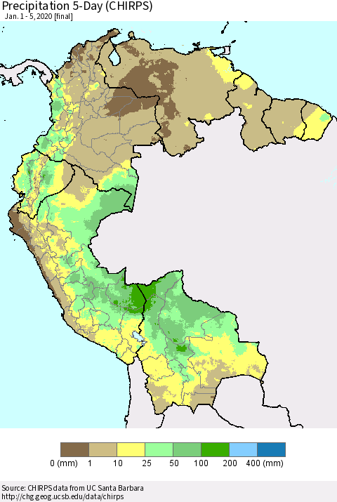 Northern South America Precipitation 5-Day (CHIRPS) Thematic Map For 1/1/2020 - 1/5/2020