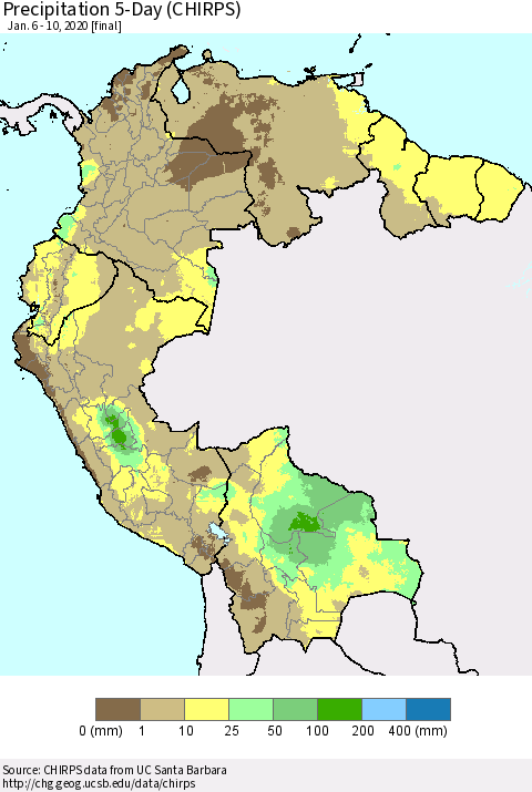 Northern South America Precipitation 5-Day (CHIRPS) Thematic Map For 1/6/2020 - 1/10/2020