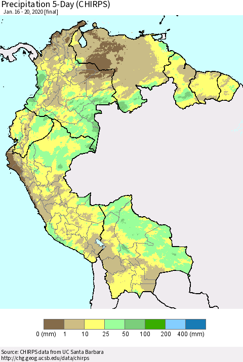 Northern South America Precipitation 5-Day (CHIRPS) Thematic Map For 1/16/2020 - 1/20/2020