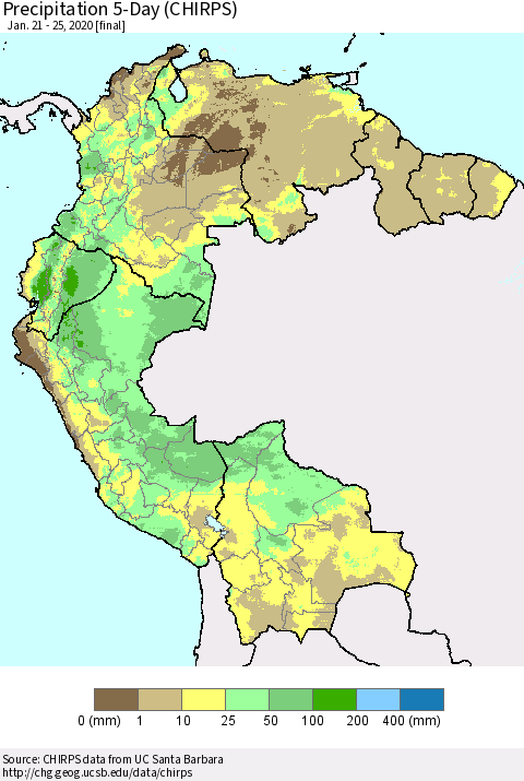 Northern South America Precipitation 5-Day (CHIRPS) Thematic Map For 1/21/2020 - 1/25/2020