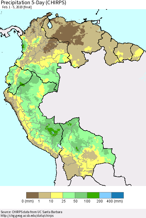 Northern South America Precipitation 5-Day (CHIRPS) Thematic Map For 2/1/2020 - 2/5/2020