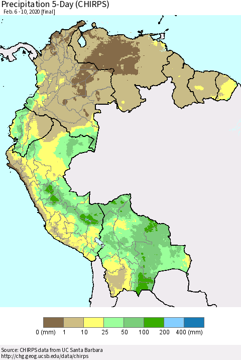 Northern South America Precipitation 5-Day (CHIRPS) Thematic Map For 2/6/2020 - 2/10/2020