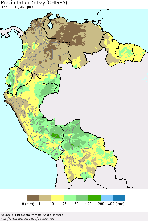 Northern South America Precipitation 5-Day (CHIRPS) Thematic Map For 2/11/2020 - 2/15/2020