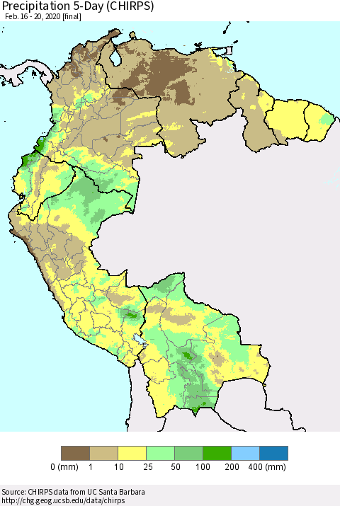 Northern South America Precipitation 5-Day (CHIRPS) Thematic Map For 2/16/2020 - 2/20/2020