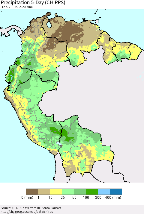 Northern South America Precipitation 5-Day (CHIRPS) Thematic Map For 2/21/2020 - 2/25/2020