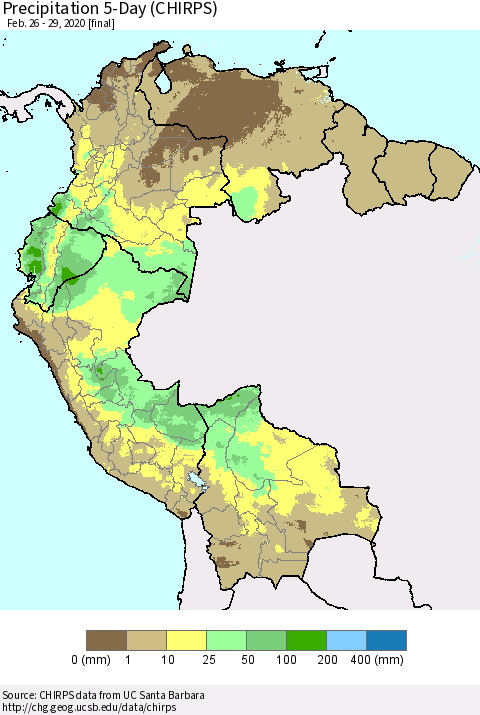 Northern South America Precipitation 5-Day (CHIRPS) Thematic Map For 2/26/2020 - 2/29/2020