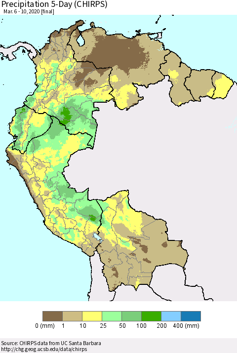 Northern South America Precipitation 5-Day (CHIRPS) Thematic Map For 3/6/2020 - 3/10/2020