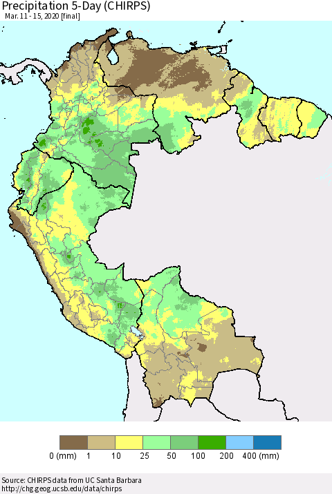 Northern South America Precipitation 5-Day (CHIRPS) Thematic Map For 3/11/2020 - 3/15/2020