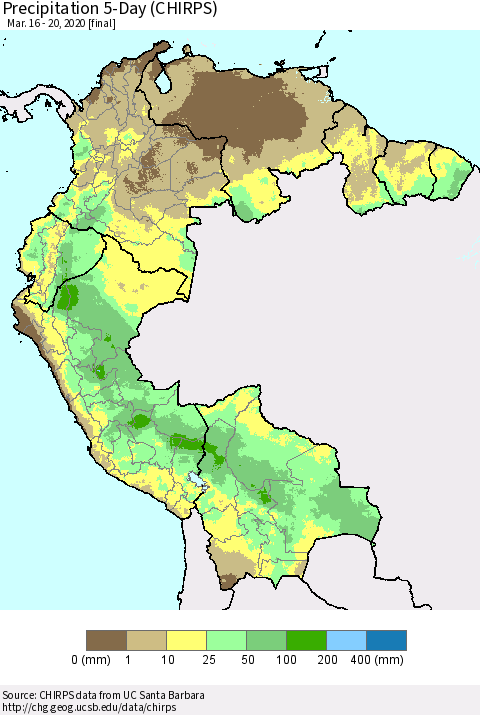 Northern South America Precipitation 5-Day (CHIRPS) Thematic Map For 3/16/2020 - 3/20/2020