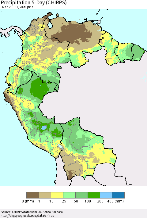 Northern South America Precipitation 5-Day (CHIRPS) Thematic Map For 3/26/2020 - 3/31/2020