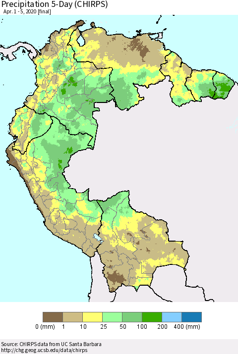 Northern South America Precipitation 5-Day (CHIRPS) Thematic Map For 4/1/2020 - 4/5/2020
