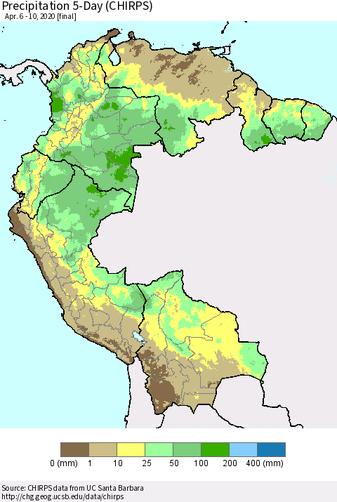Northern South America Precipitation 5-Day (CHIRPS) Thematic Map For 4/6/2020 - 4/10/2020