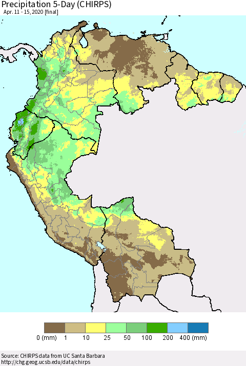 Northern South America Precipitation 5-Day (CHIRPS) Thematic Map For 4/11/2020 - 4/15/2020