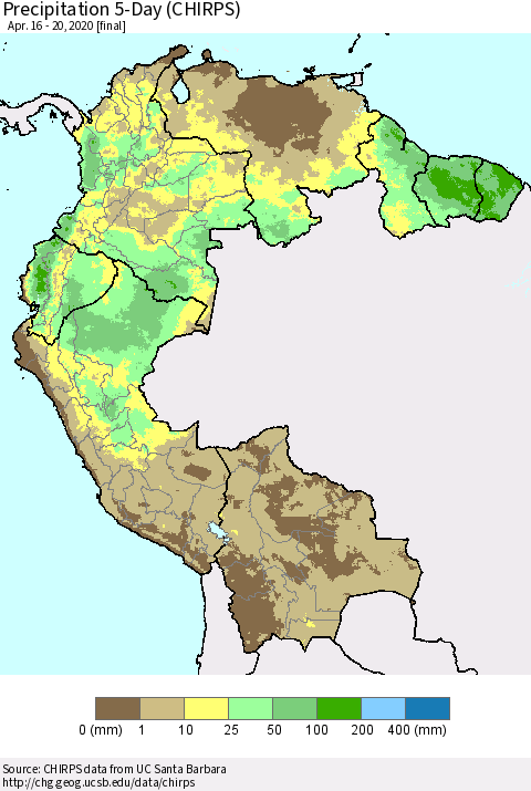 Northern South America Precipitation 5-Day (CHIRPS) Thematic Map For 4/16/2020 - 4/20/2020