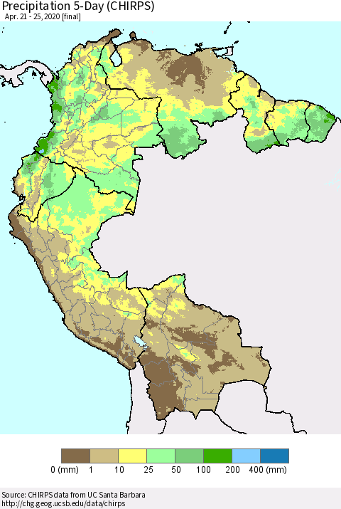 Northern South America Precipitation 5-Day (CHIRPS) Thematic Map For 4/21/2020 - 4/25/2020