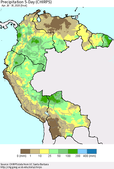 Northern South America Precipitation 5-Day (CHIRPS) Thematic Map For 4/26/2020 - 4/30/2020