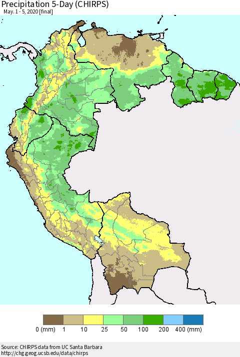 Northern South America Precipitation 5-Day (CHIRPS) Thematic Map For 5/1/2020 - 5/5/2020