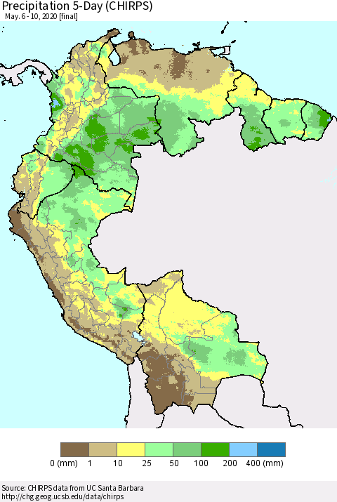 Northern South America Precipitation 5-Day (CHIRPS) Thematic Map For 5/6/2020 - 5/10/2020