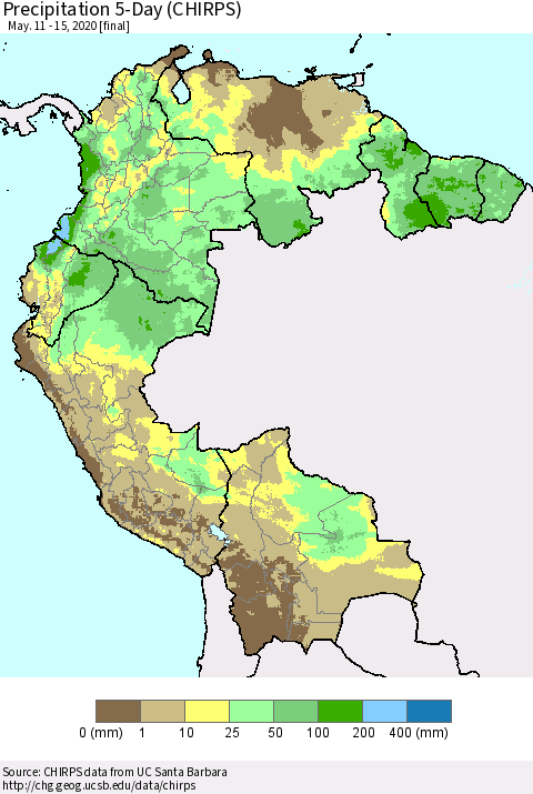 Northern South America Precipitation 5-Day (CHIRPS) Thematic Map For 5/11/2020 - 5/15/2020