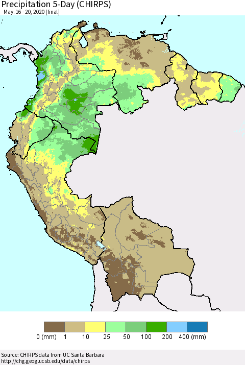 Northern South America Precipitation 5-Day (CHIRPS) Thematic Map For 5/16/2020 - 5/20/2020
