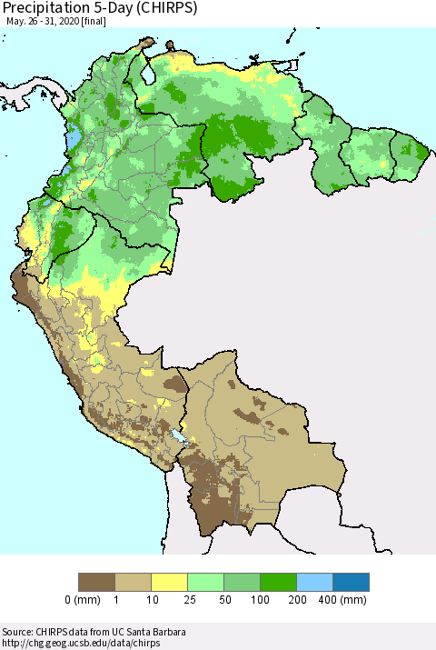 Northern South America Precipitation 5-Day (CHIRPS) Thematic Map For 5/26/2020 - 5/31/2020