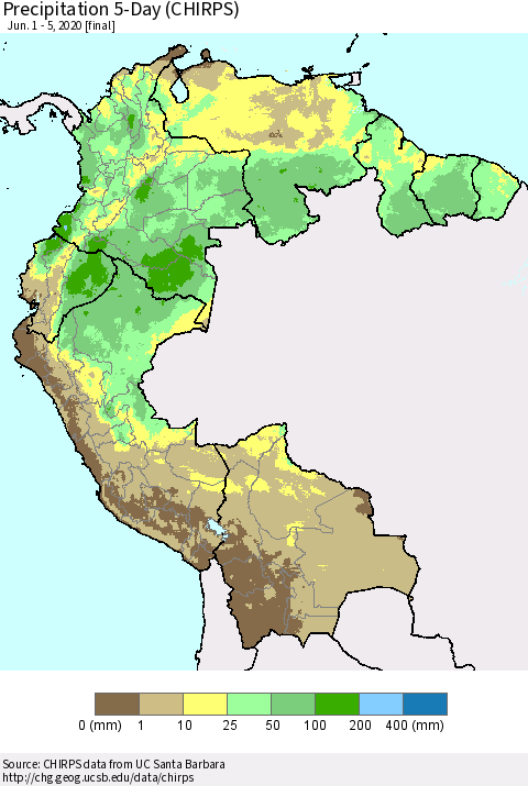 Northern South America Precipitation 5-Day (CHIRPS) Thematic Map For 6/1/2020 - 6/5/2020