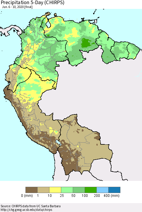 Northern South America Precipitation 5-Day (CHIRPS) Thematic Map For 6/6/2020 - 6/10/2020