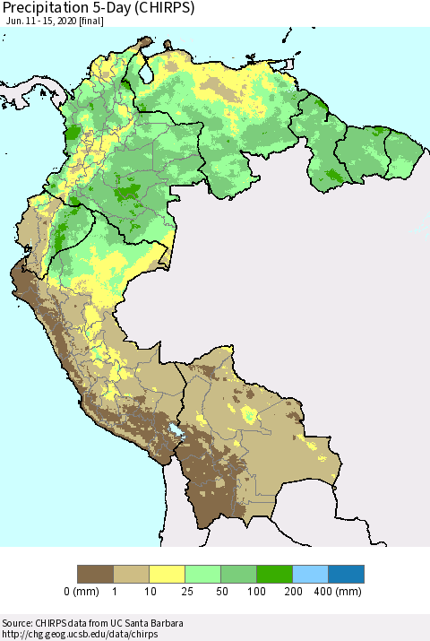Northern South America Precipitation 5-Day (CHIRPS) Thematic Map For 6/11/2020 - 6/15/2020