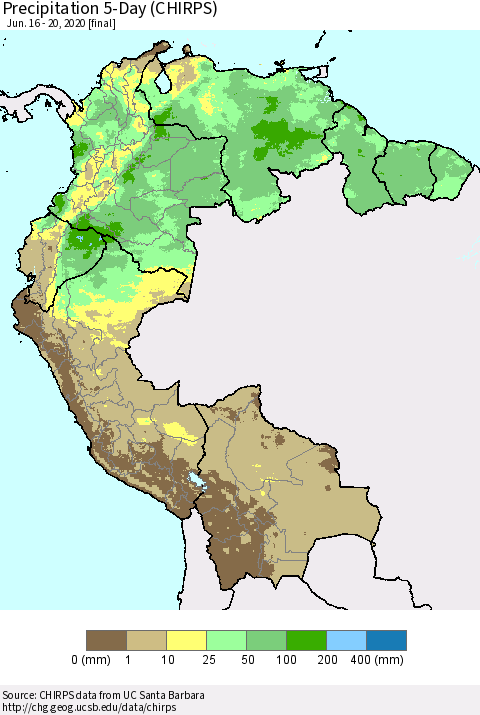 Northern South America Precipitation 5-Day (CHIRPS) Thematic Map For 6/16/2020 - 6/20/2020