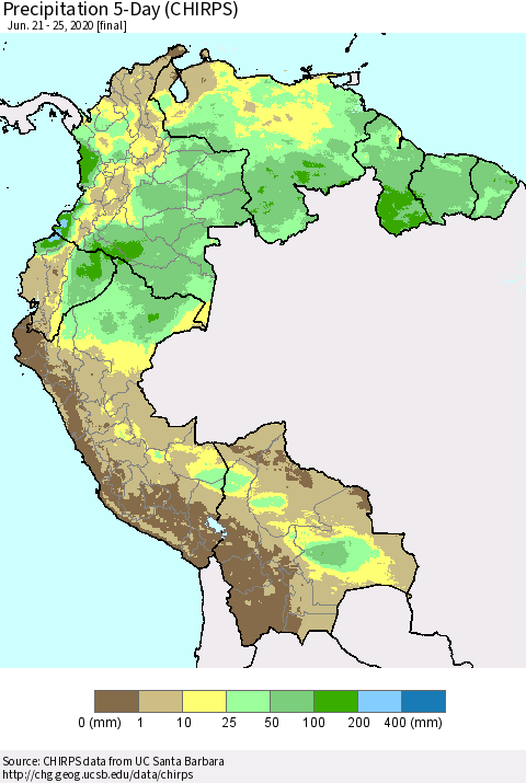 Northern South America Precipitation 5-Day (CHIRPS) Thematic Map For 6/21/2020 - 6/25/2020