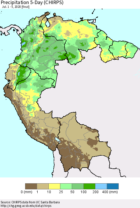Northern South America Precipitation 5-Day (CHIRPS) Thematic Map For 7/1/2020 - 7/5/2020