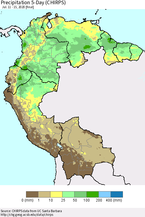 Northern South America Precipitation 5-Day (CHIRPS) Thematic Map For 7/11/2020 - 7/15/2020